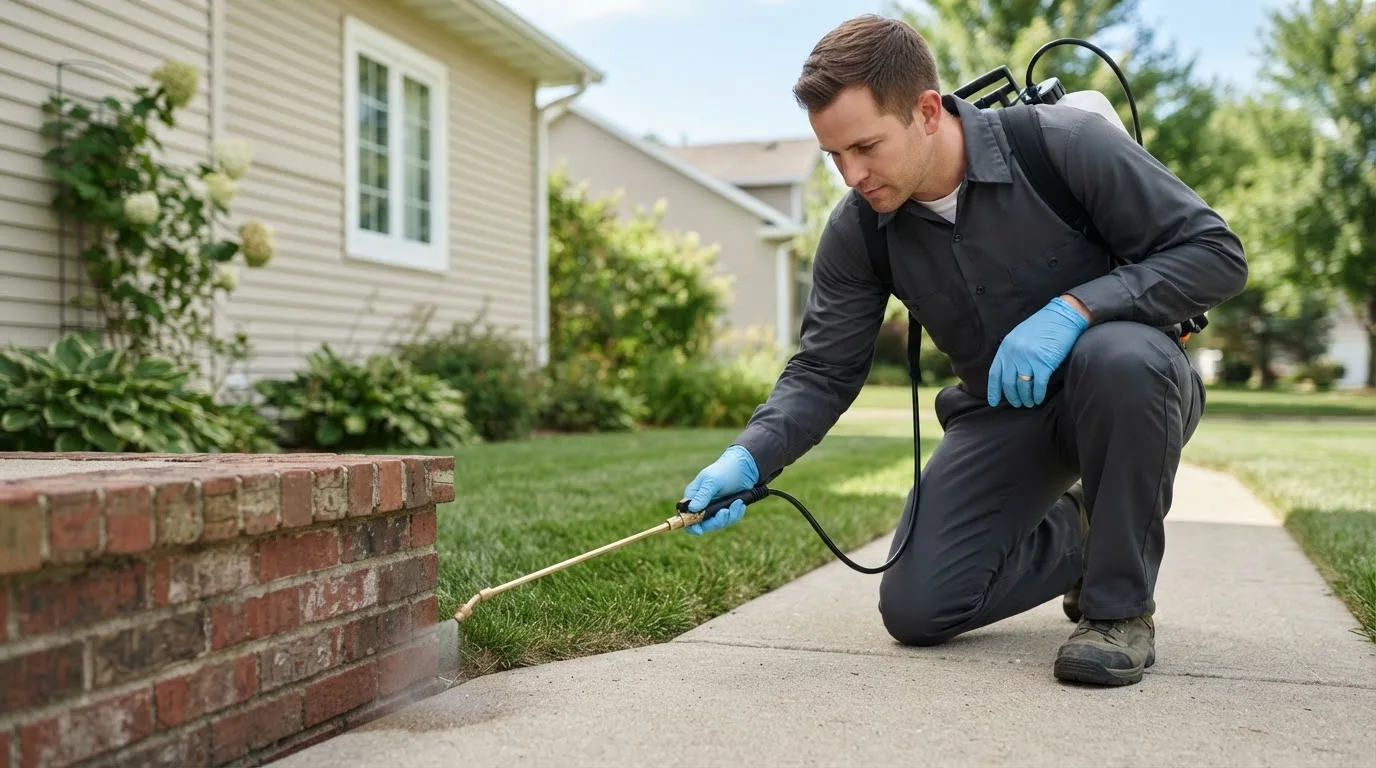 Pest control technician treating a home near Pulteney, NY